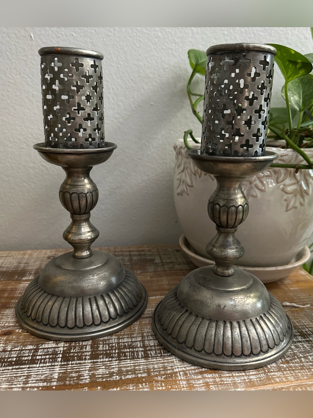 Lot Of 2 Vintage CandleStick Candle Holders Pewter Pierce Cutout Cylindrical MCM